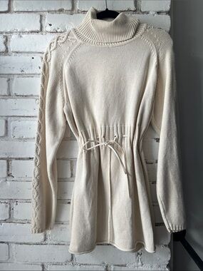 Turtleneck Drawstring Knit Dress in Ivory maternity tunic dress with waist sinch